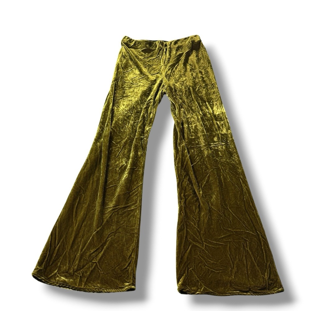 Anthropologie Wide Leg Velvet Trousers Olive/Chartreuse Green/Gold Womens S EUC